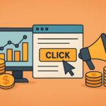 2D illustration of a computer graph, ad click button, and megaphone surrounded by coins symbolizing online ad revenue.