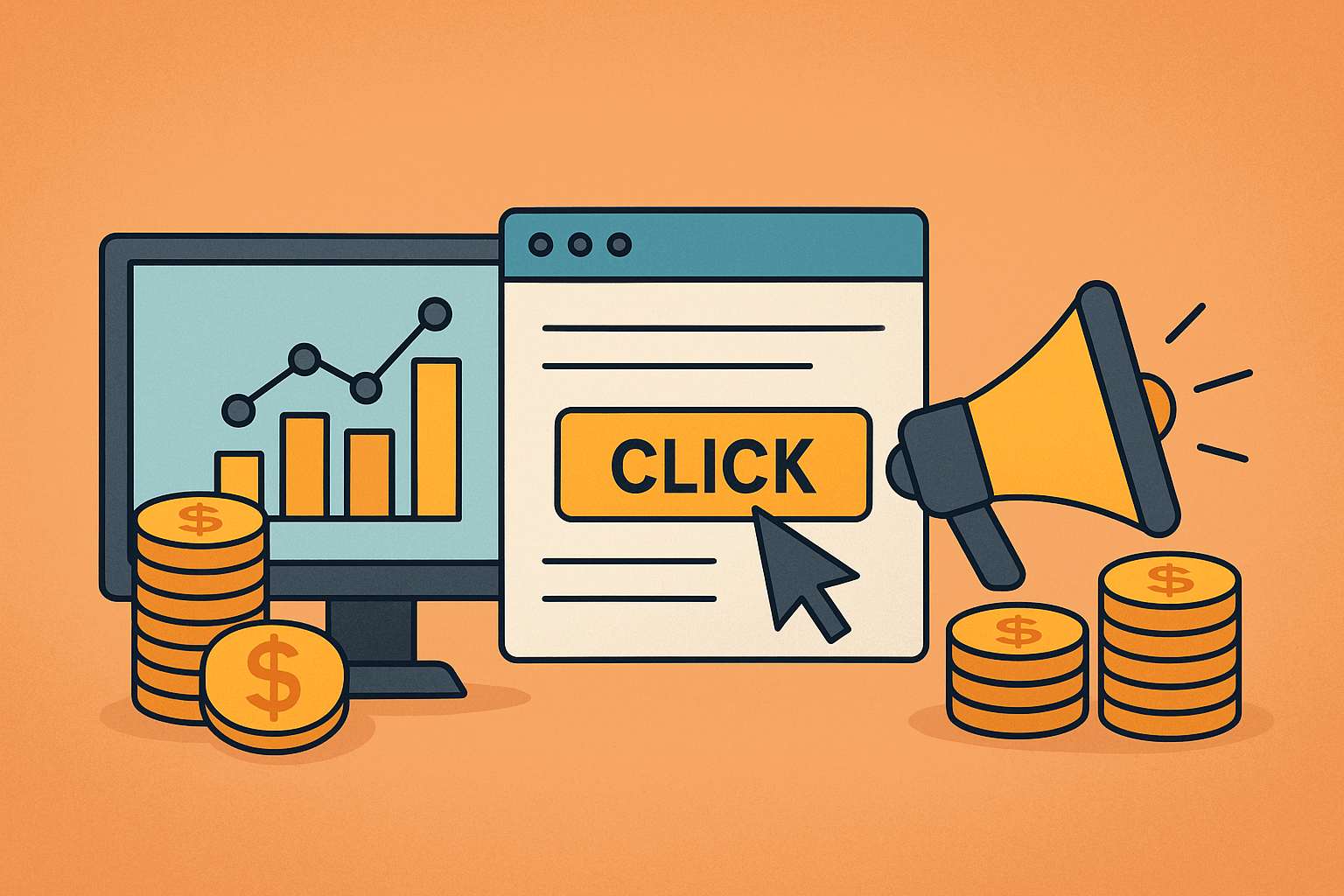 2D illustration of a computer graph, ad click button, and megaphone surrounded by coins symbolizing online ad revenue.