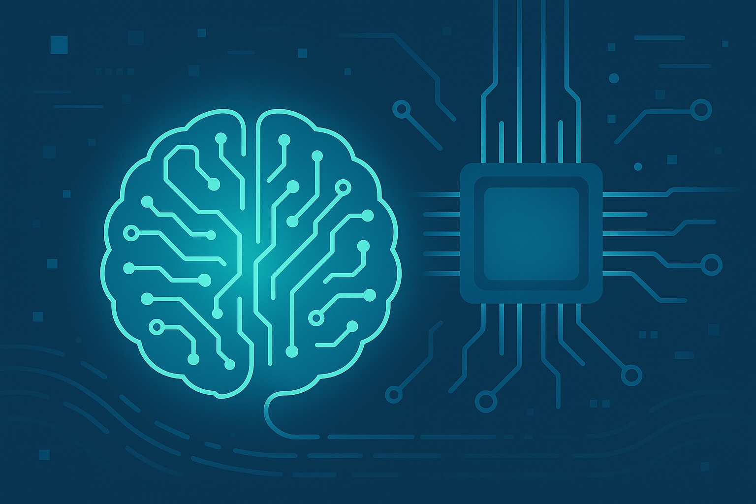 Flat-style illustration of artificial intelligence concept, showing a glowing brain connected to a microchip, representing neural networks and digital computing on a futuristic blue background