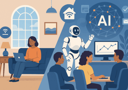 A digital illustration showing AI in everyday life—on the left, a smart home with a woman working on a laptop, and on the right, a modern office where a robot assists people at a desk.