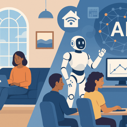 A digital illustration showing AI in everyday life—on the left, a smart home with a woman working on a laptop, and on the right, a modern office where a robot assists people at a desk.