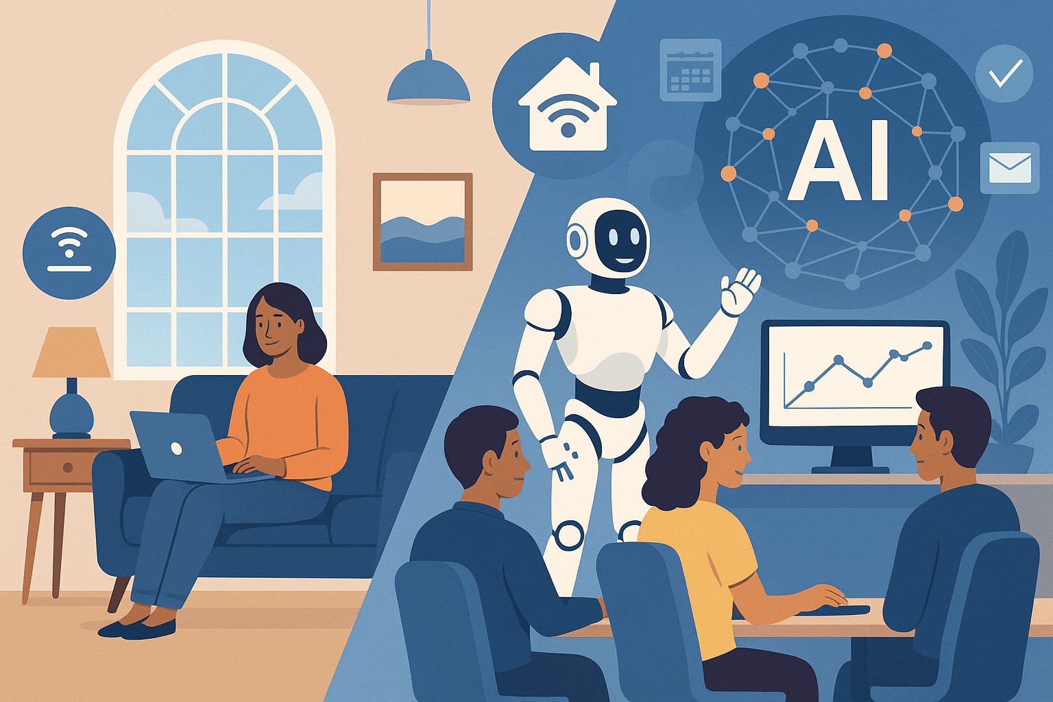 A digital illustration showing AI in everyday life—on the left, a smart home with a woman working on a laptop, and on the right, a modern office where a robot assists people at a desk.
