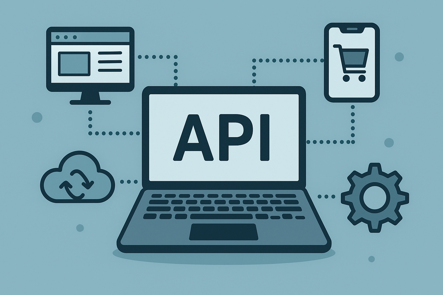A flat-style illustration showing a laptop labeled “API” connected via dotted lines to app icons representing a website, shopping cart, cloud storage, and settings.