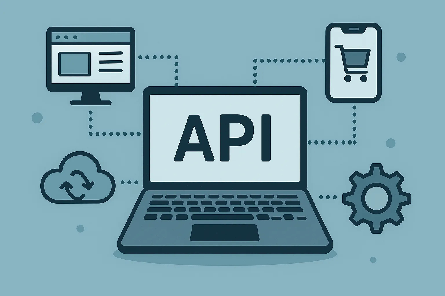 A flat-style illustration showing a laptop labeled “API” connected via dotted lines to app icons representing a website, shopping cart, cloud storage, and settings.