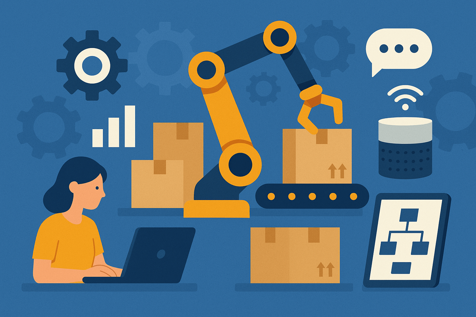 A colorful digital illustration showing a robotic arm on a conveyor belt handling boxes, surrounded by automation elements like a woman at a laptop, a smart speaker, gear icons, and a tablet displaying a flowchart — representing modern automation in homes and industries.
