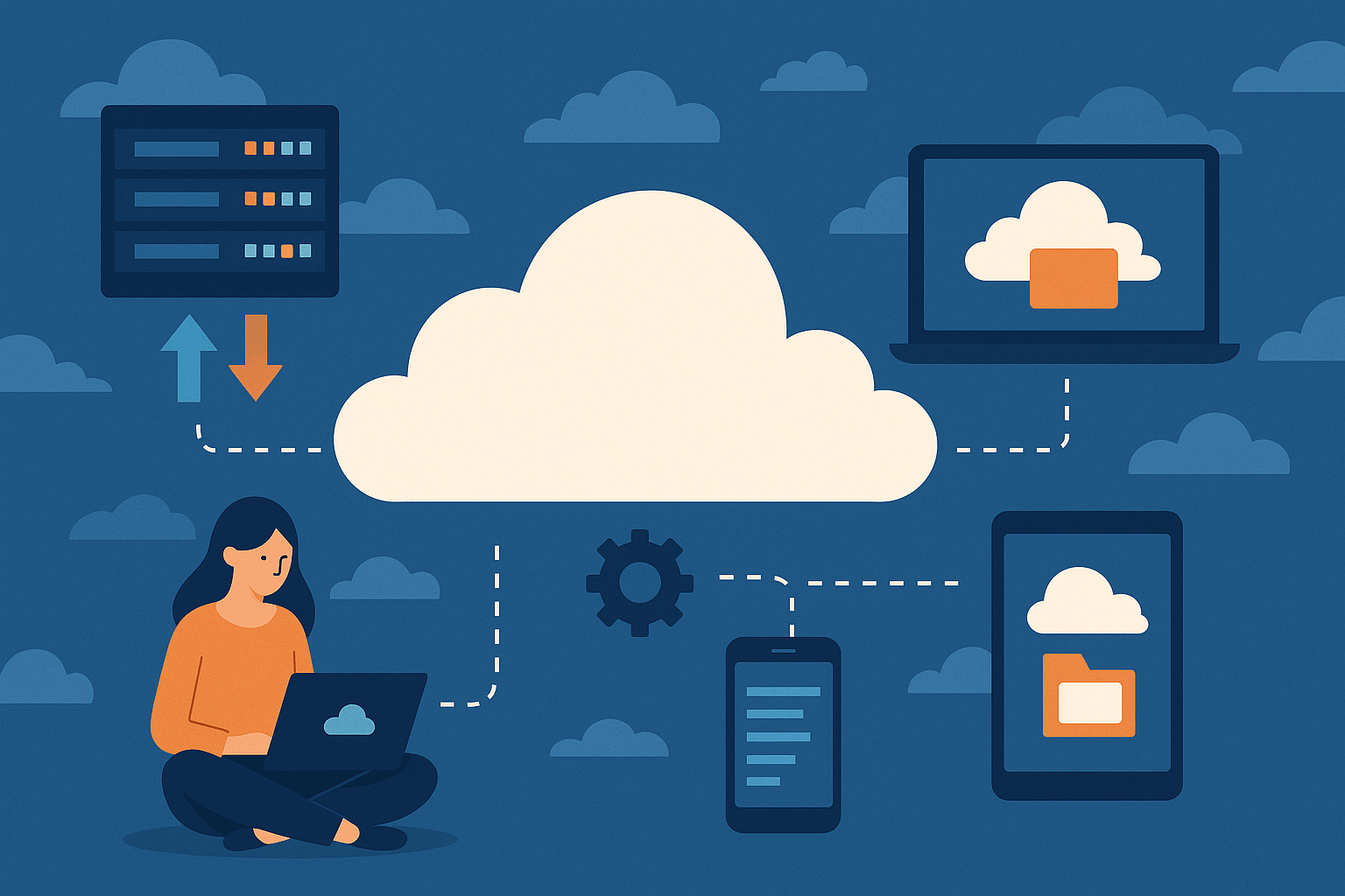 Flat design illustration showing a central cloud icon connected to multiple devices like a laptop, smartphone, and server, representing cloud computing technology.