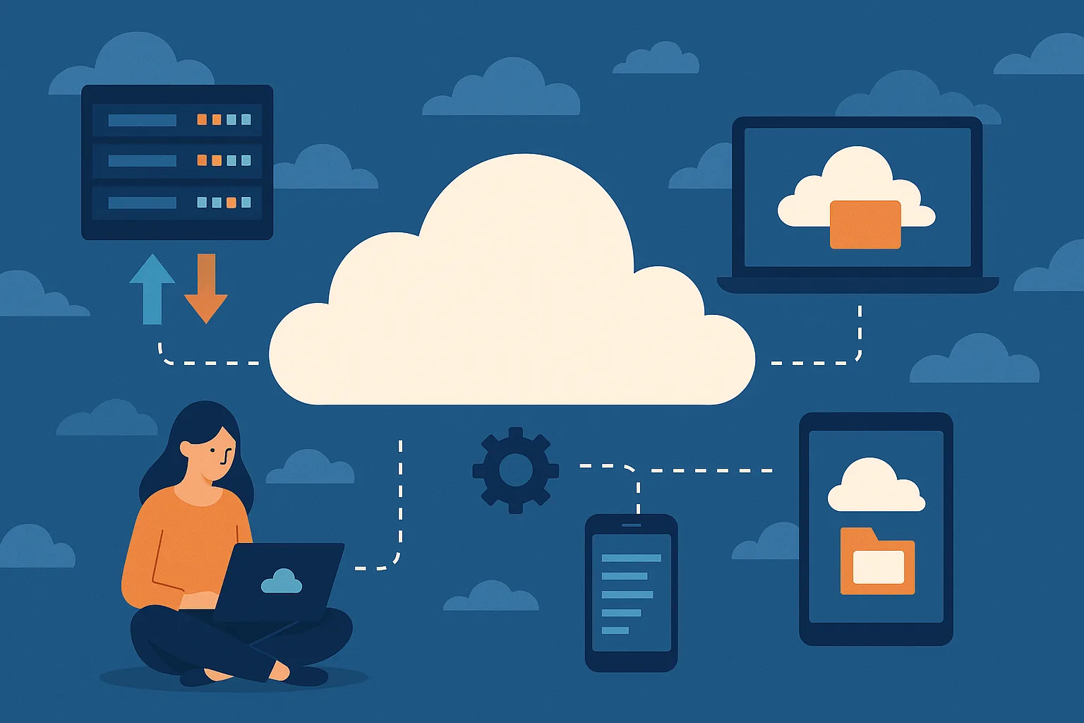 Flat design illustration showing a central cloud icon connected to multiple devices like a laptop, smartphone, and server, representing cloud computing technology.