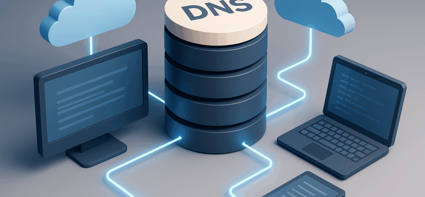 3D illustration showing a central DNS server stack connected to cloud icons and multiple devices like a desktop, laptop, and tablet via glowing blue lines in a network topology