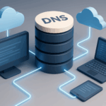 3D illustration showing a central DNS server stack connected to cloud icons and multiple devices like a desktop, laptop, and tablet via glowing blue lines in a network topology