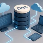 3D illustration showing a central DNS server stack connected to cloud icons and multiple devices like a desktop, laptop, and tablet via glowing blue lines in a network topology