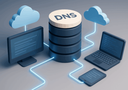 3D illustration showing a central DNS server stack connected to cloud icons and multiple devices like a desktop, laptop, and tablet via glowing blue lines in a network topology
