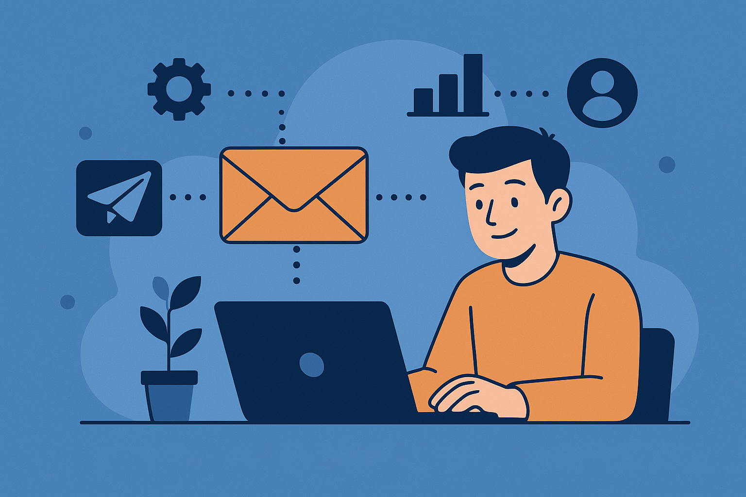 A flat-style digital illustration of a young man using open-source email marketing tools on his laptop, surrounded by icons like envelopes, gears, and graphs on a blue background.