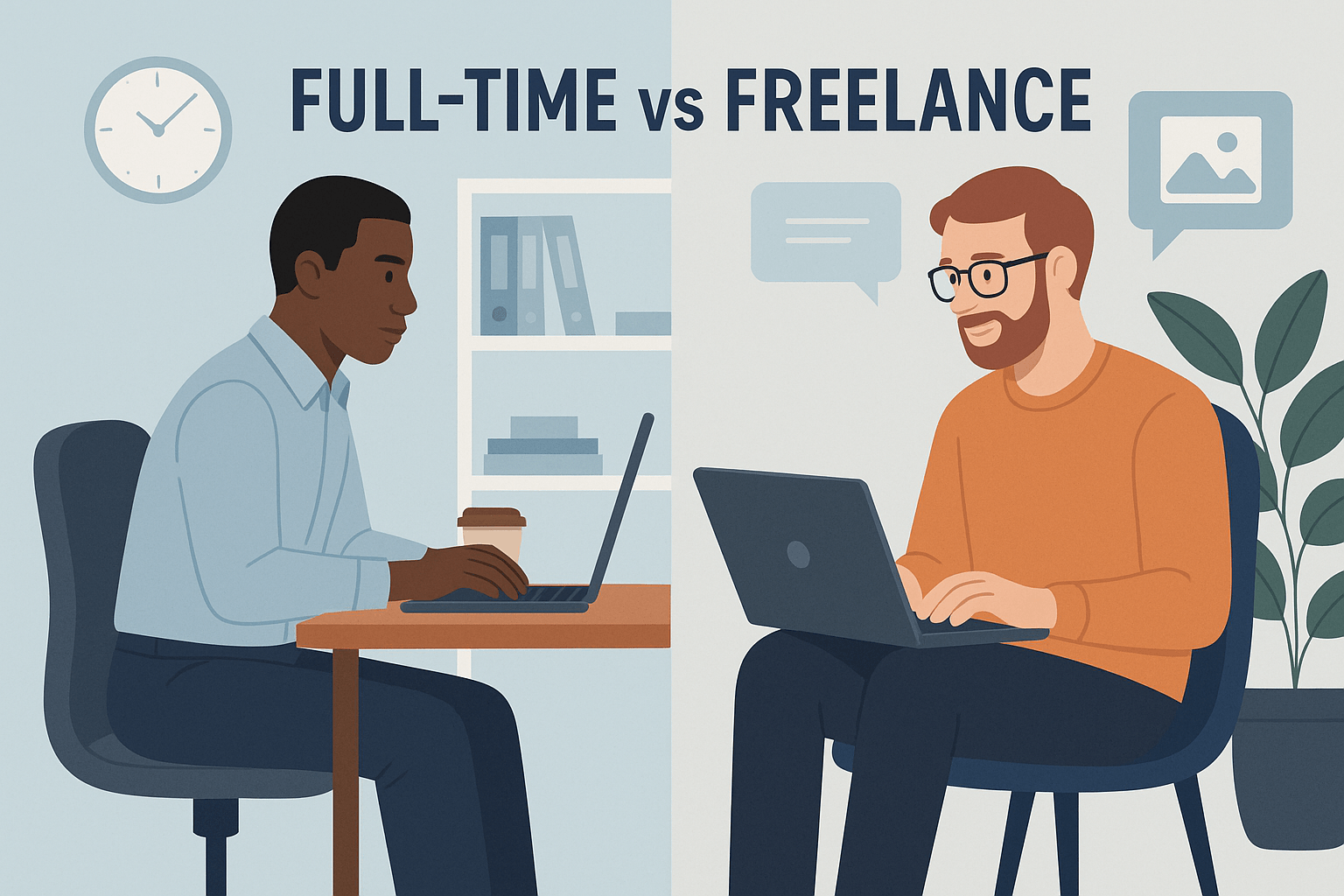 A flat-style digital illustration comparing full-time tech work in an office and freelance tech work from home.
