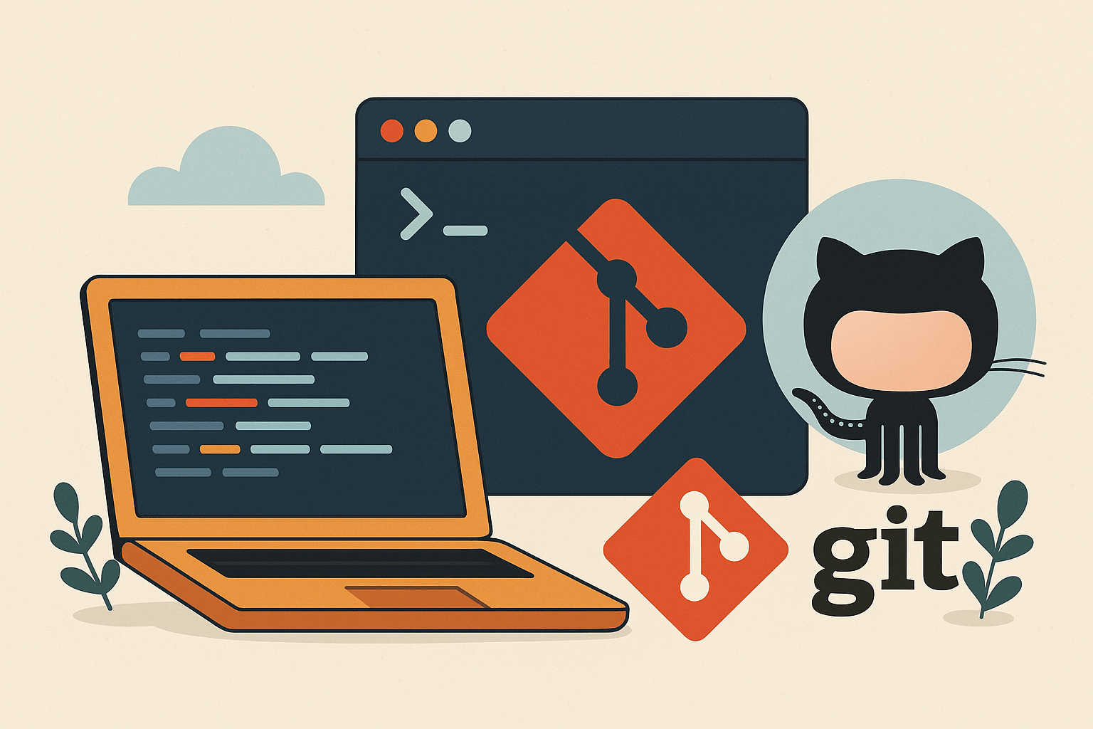 Flat-style illustration showing a laptop with code, Git logo, terminal window, and GitHub Octocat mascot, symbolizing version control and collaboration.
