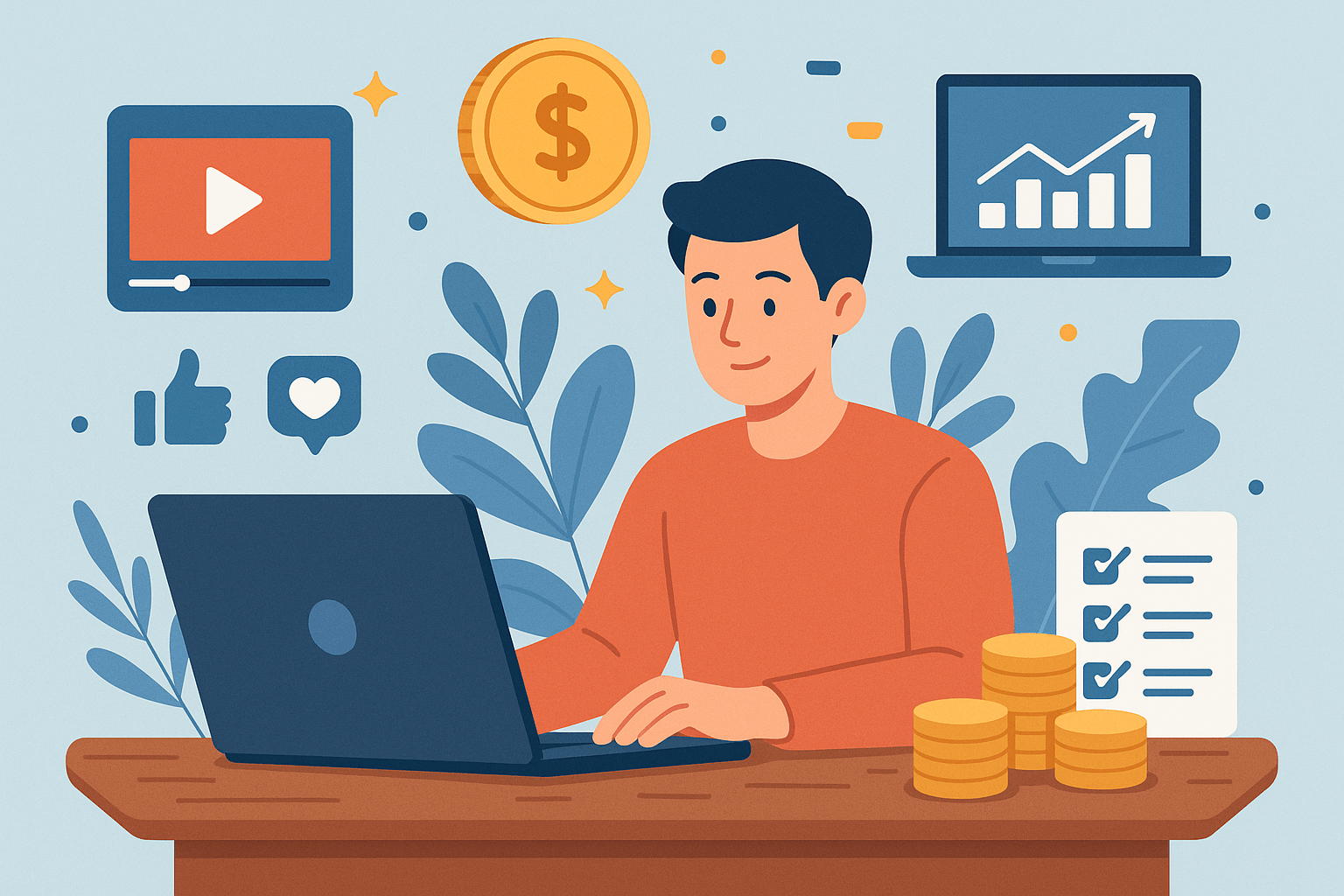 Illustration of a man working on a laptop with icons for online income such as video content, social media, and financial growth around him.