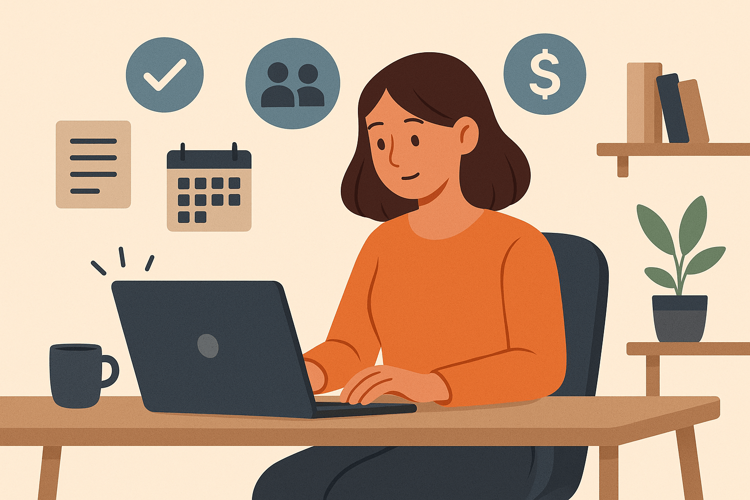 A flat-style digital illustration of a young woman in an orange shirt working at a home office desk on a laptop, with icons representing calendar, checklist, money, and teamwork, symbolizing modern freelance work.