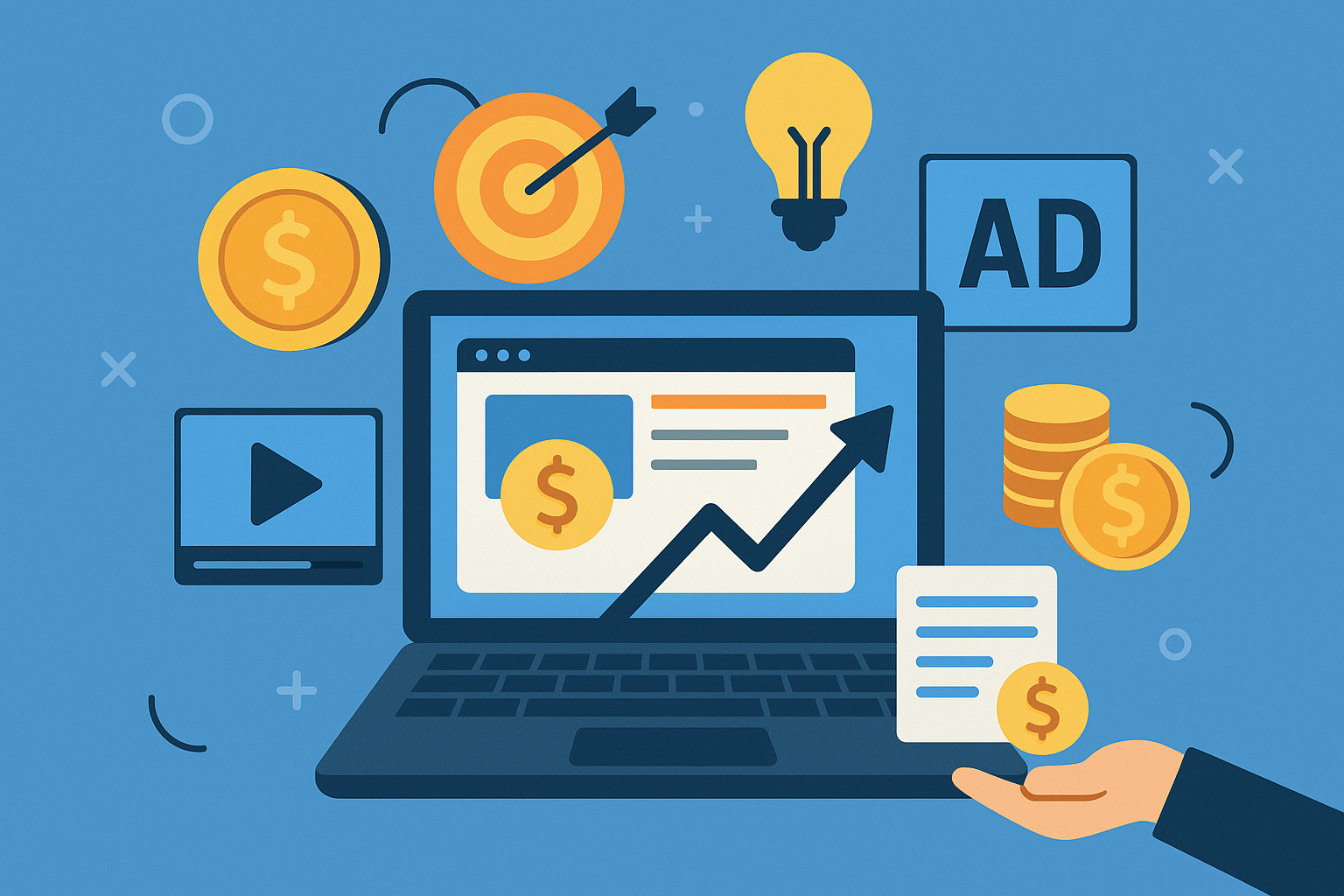 : Illustration showing a laptop screen with a dollar sign, coins, ad icons, and a video player symbolizing different online monetization methods.