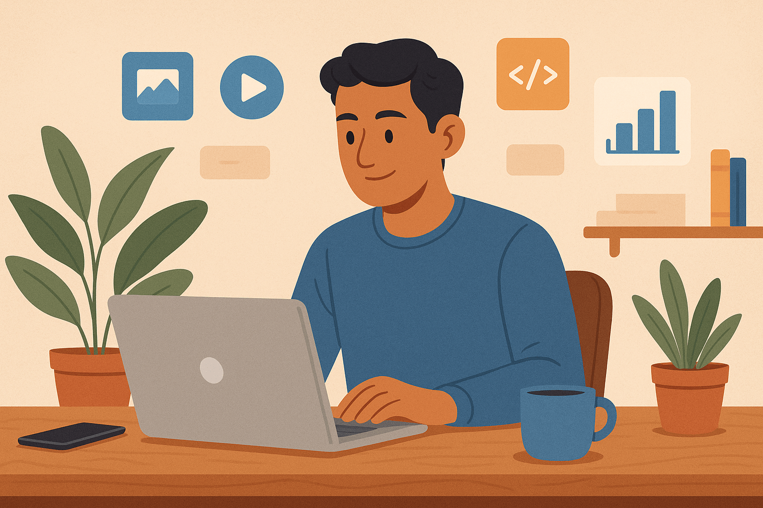 A young man with medium skin tone working on a laptop in a cozy digital workspace with plants and floating icons related to online work.