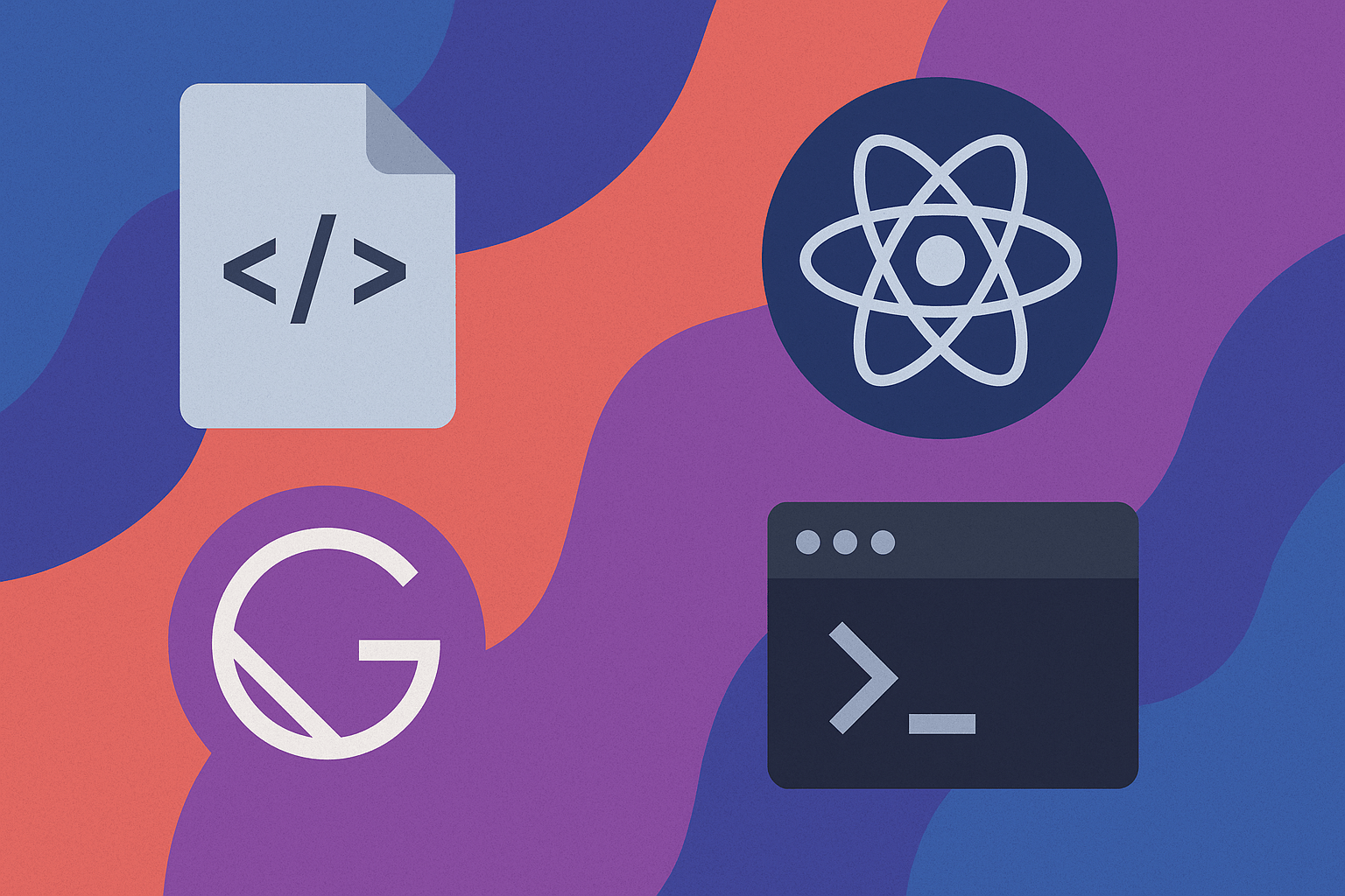 Illustration of four static site generator icons (HTML, React, Gatsby, Terminal) on a colorful abstract background representing modern web development tools.