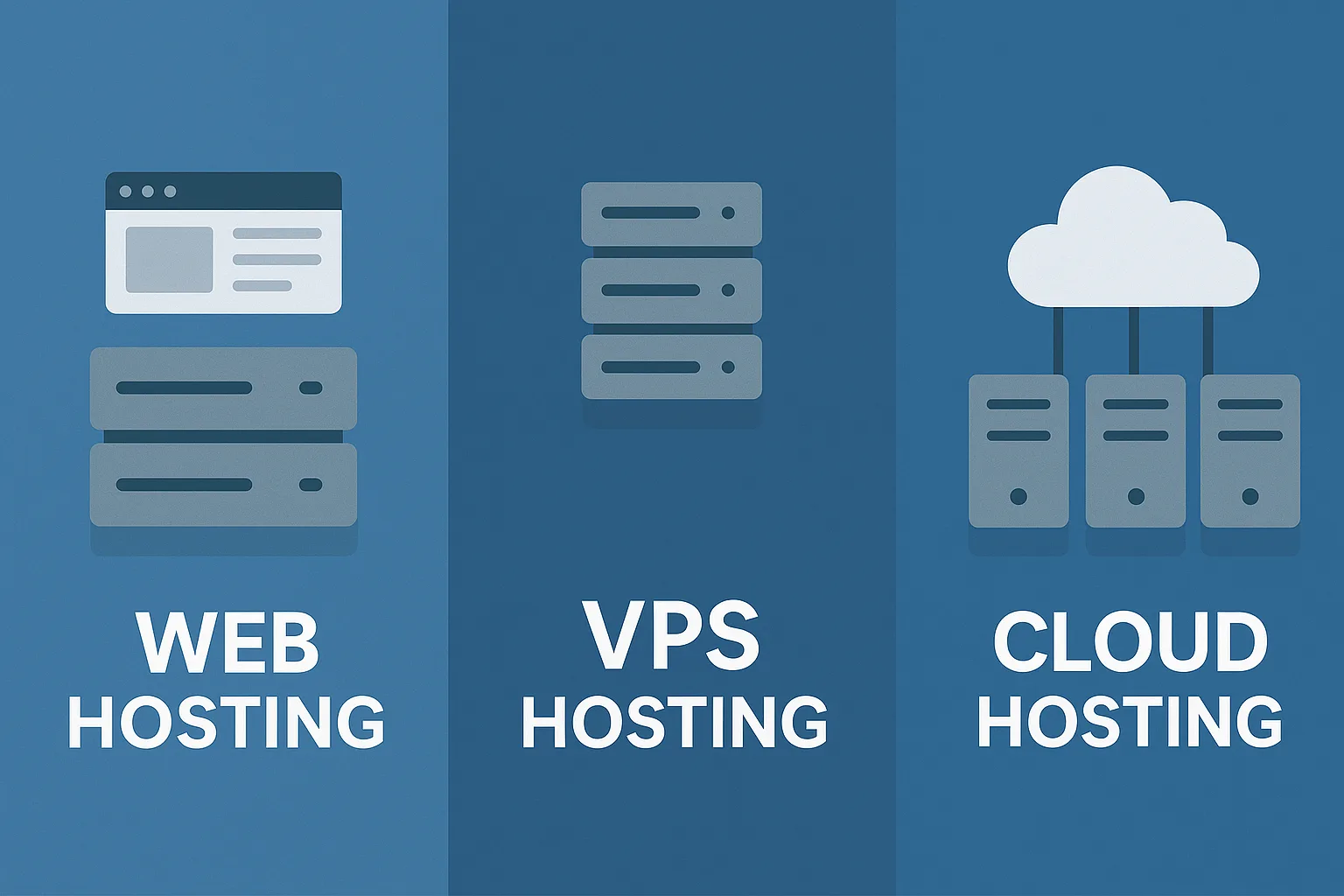 Flat-design illustration of web hosting, VPS hosting, and cloud hosting compared visually, showing server structure and connection differences.