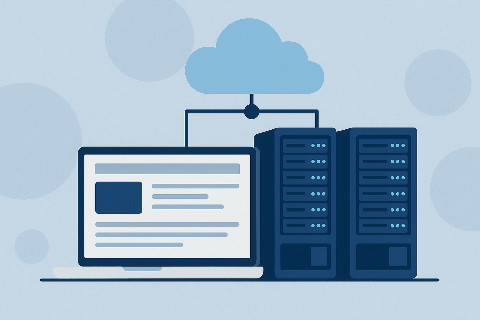 Illustration of web hosting concept showing a laptop connected to server towers and a cloud, representing website data storage and internet access.